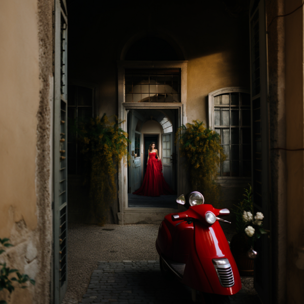 Example of the Zoom-Out feature of Midjourney V 5.2 - adding a Vespa to the prompt